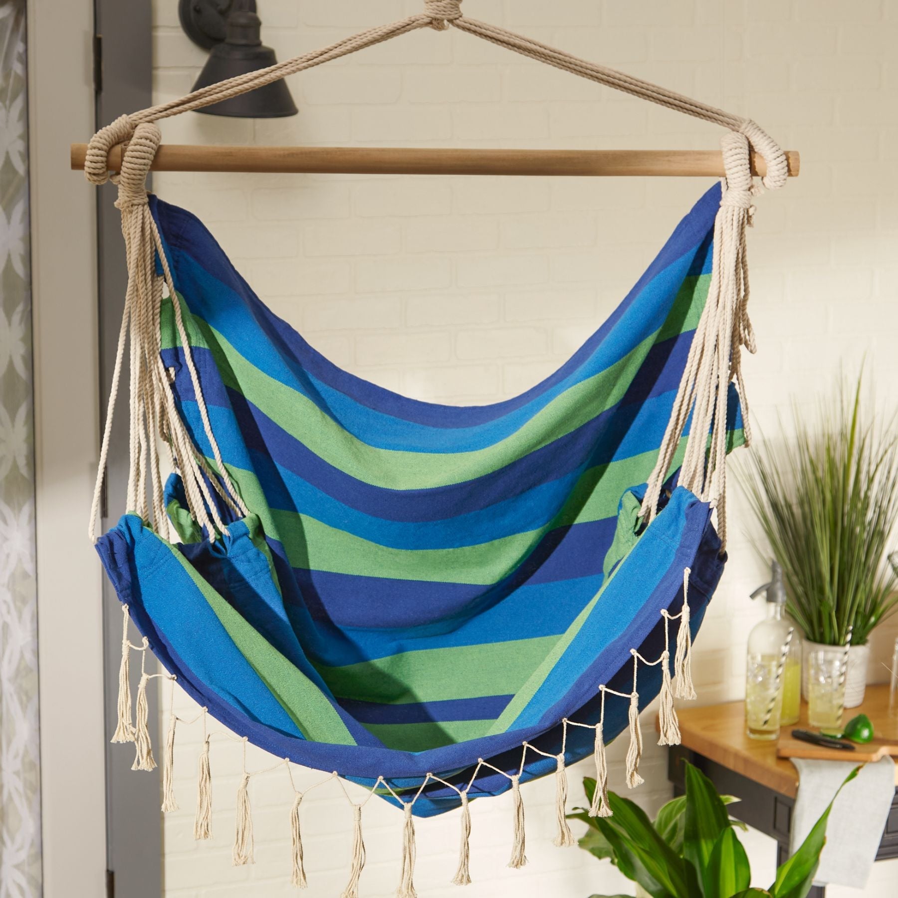 Blue Lagoon Stripped Hammock Chair with Fringe Trim - Saunni Bee - Hammock