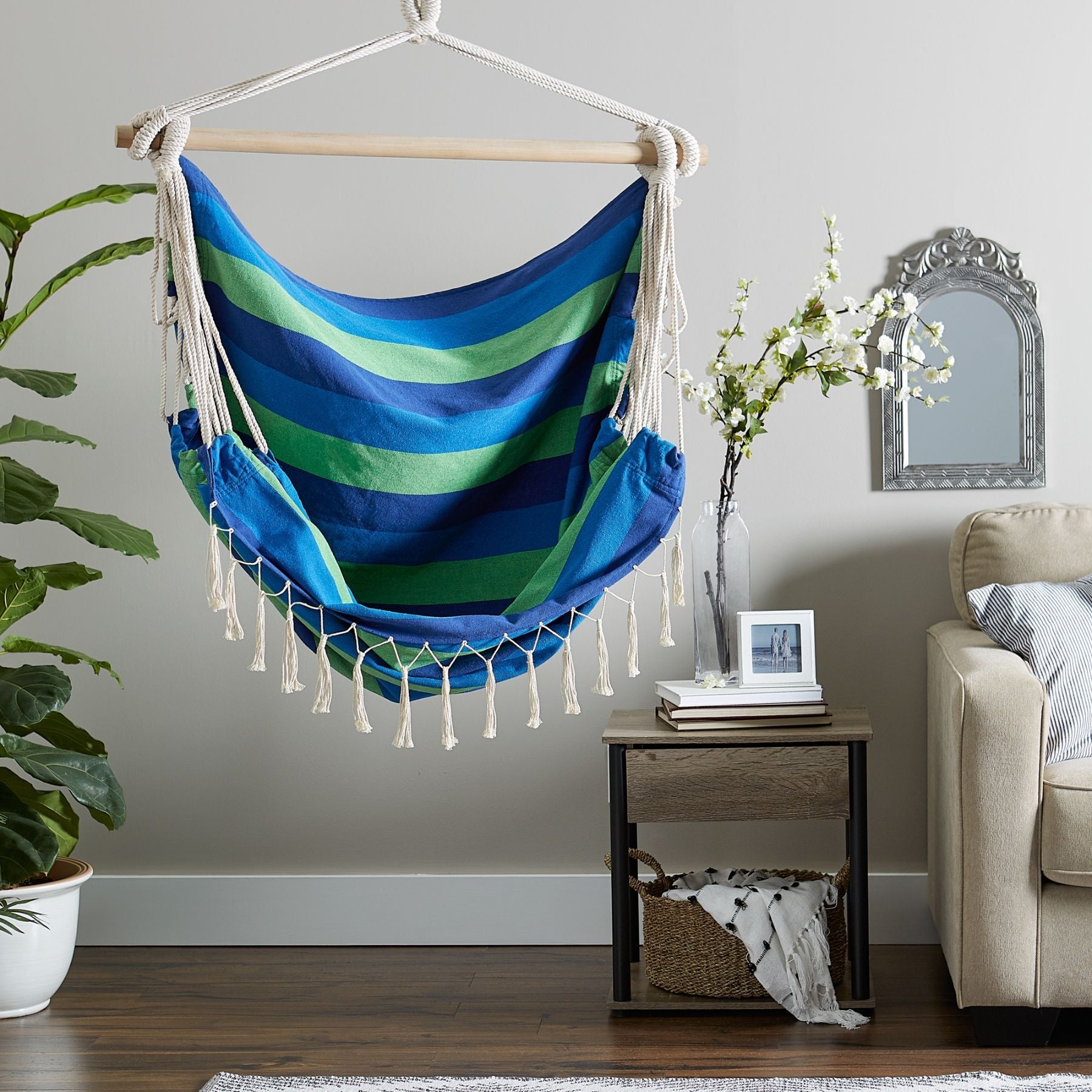 Blue Lagoon Stripped Hammock Chair with Fringe Trim - Saunni Bee - Hammock